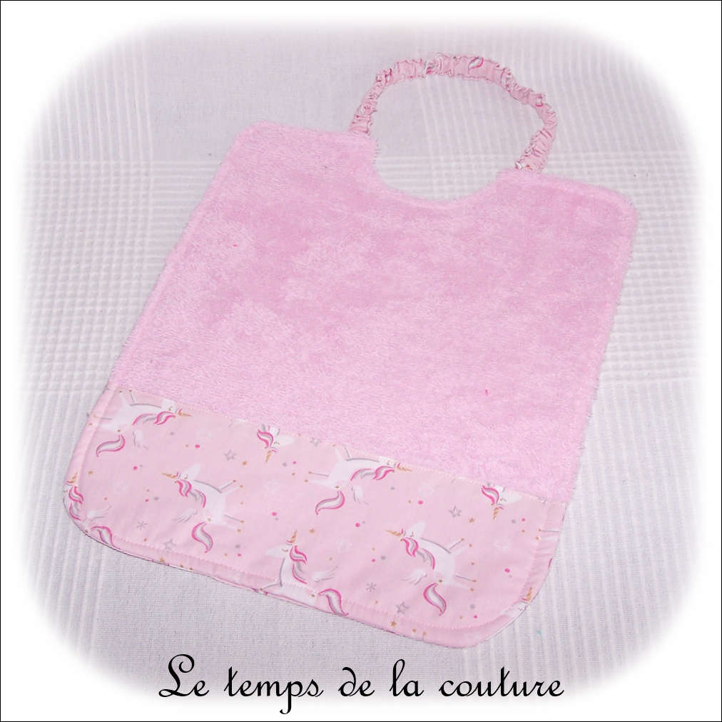 Enfant - bavoir double - rose pale et imp licorne rose01 - GFC