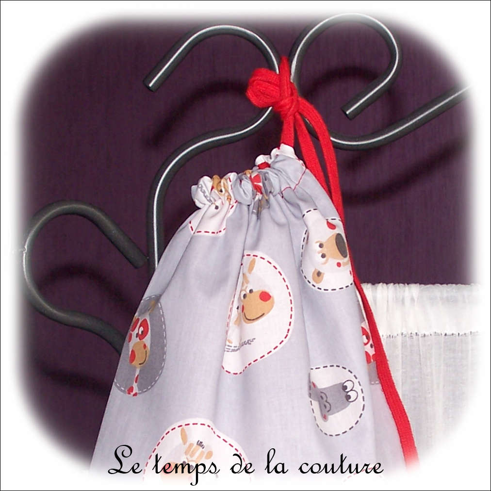 Sac pochon - gris rouge motif animaux02 - GFC