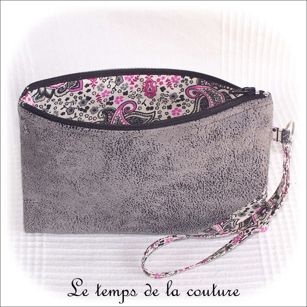 Pochette - droite - zippé - gris simili lilas gris noiir02 - GFC