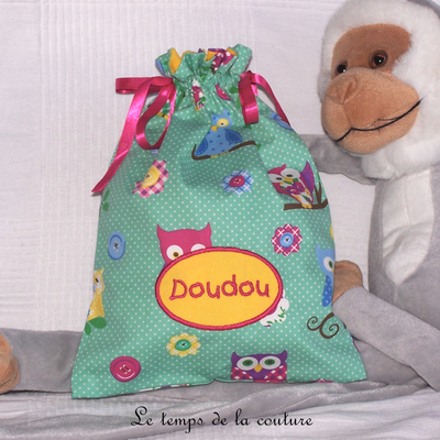 Sac - pochon - vert turquoise jaune imp chouette br doudou 01