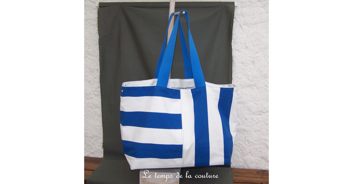 Sac cabas tssu motfs géométrques blanc et bleu,sml cur bleu port