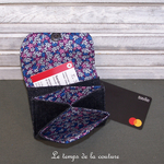 Cuir - Porte carte porte monnaie - bleu jean fleur violette rose - 02