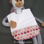 Enfant - bavoir double - blanc motif chouette hiboux beige rouge bordeaux 01