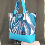 Cuir - Sac cabas - turqouise gris marine feuillage - 01