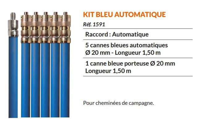PROGALVA - Kit ramonage bleu 6 cannes 1,50 mètres + hérisson acier carré  250mm Réf 1587