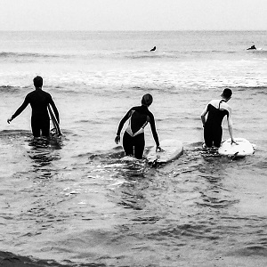 Trois surfeurs de dos qui tiennent leur planche et s'avancent dans l'océan