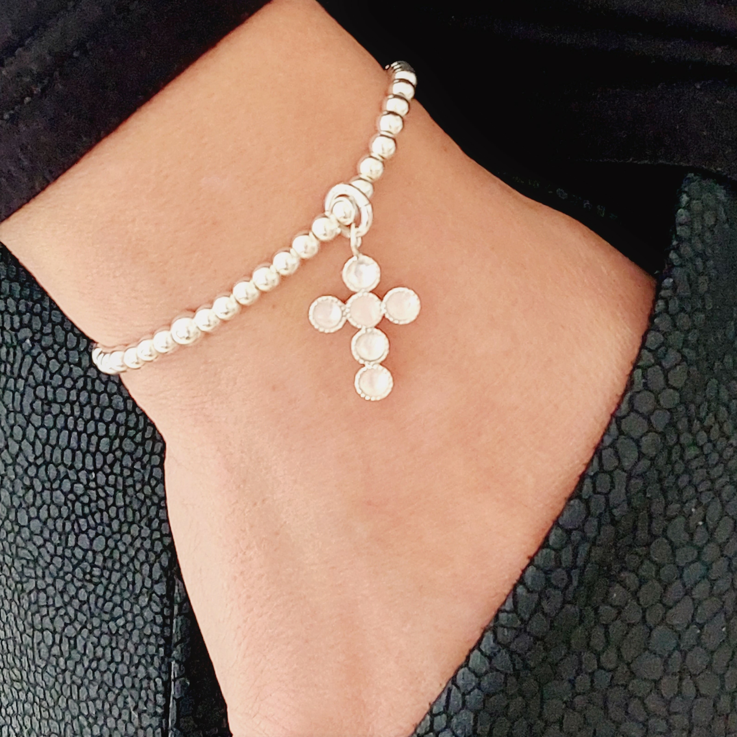Bracelet Perles Argent Et Pierre Onyx + Croix Argent - Perle