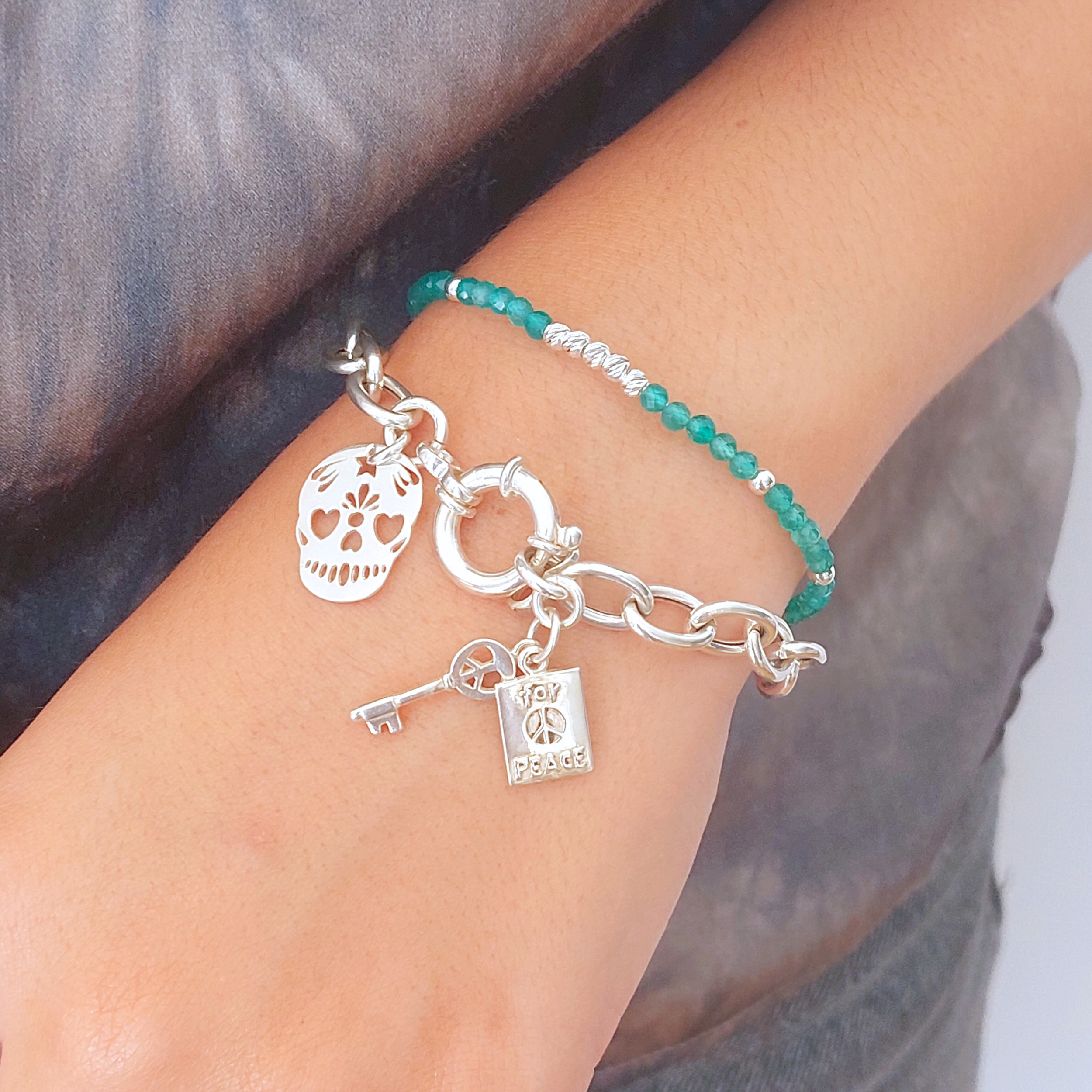 Bracelet Breloques Argent 925 Avec Turquoise Et Aigue-Marine - Neuf