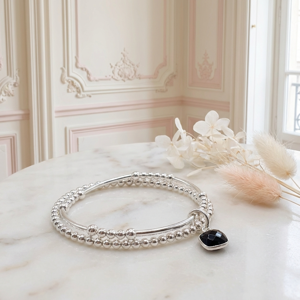 bracelet-2-rangs-elastique-double-femme-argent-massif-925-onyx-noir-véritable-linsolente-bijoux