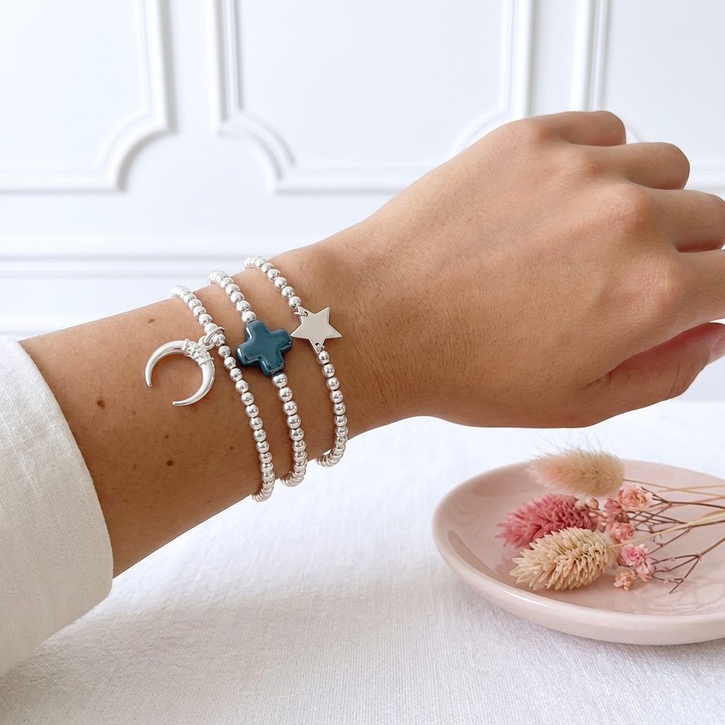 bracelet-perles-argent-massif-925-femme-croix-céramique-bleu-pétrole-stacking-bracelet-l-insolente-bijoux