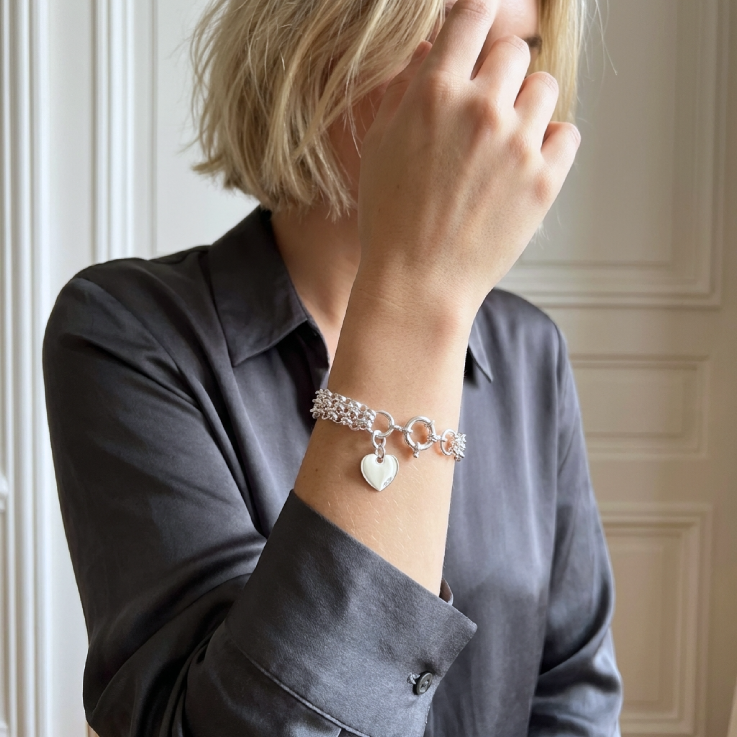 Bracelet Gourmette Argent Massif 925 – Modèle Art Nouveau, Motif Cœur, Chaîne Vintage