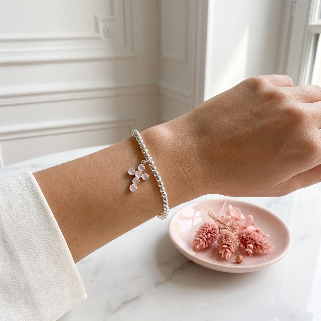 bracelet-perle-argent-massif-925-croix-pierres-naturelles-lithotherapie-quartz-rose-femme-l-insolente-bijoux-français