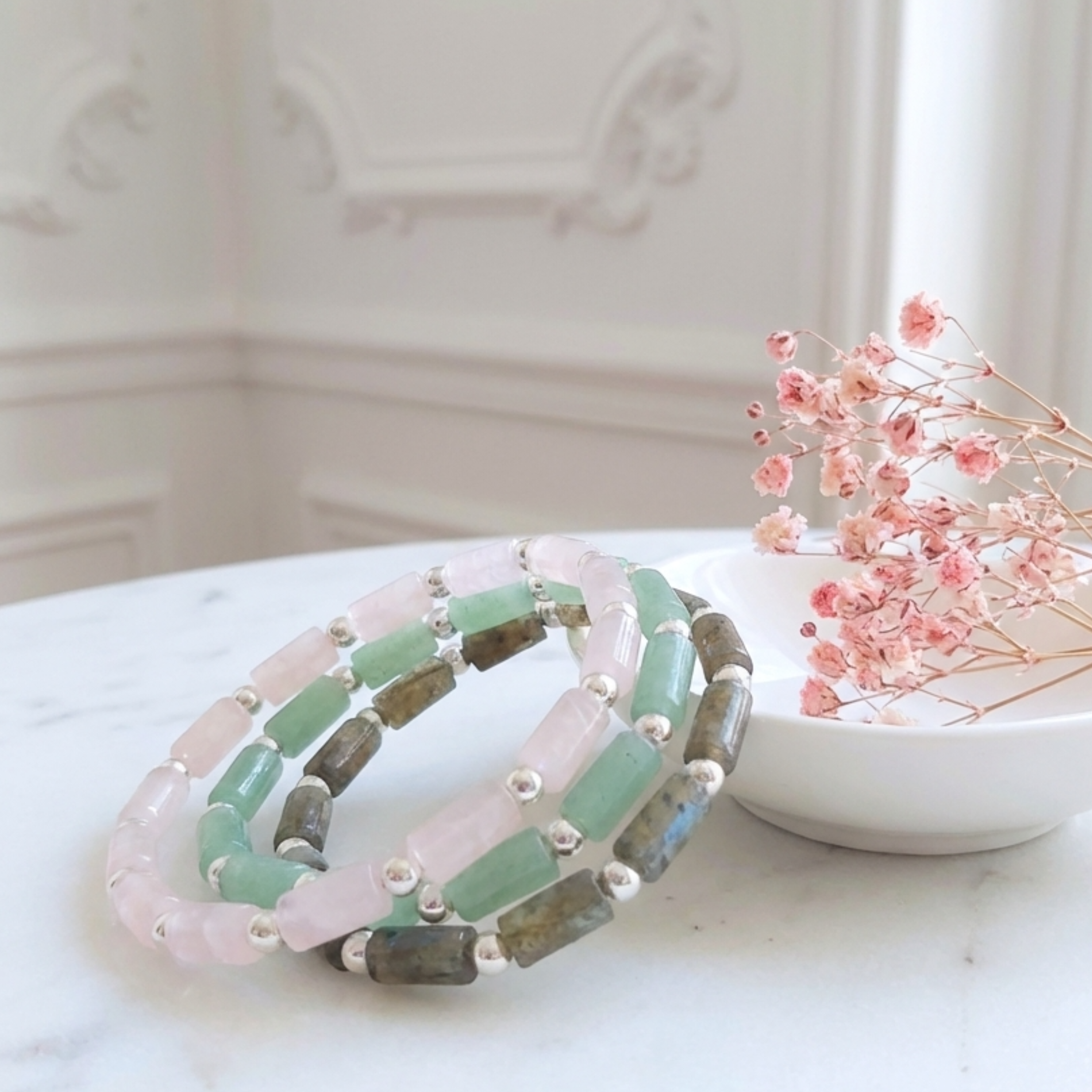 bracelet-perles-argent-massif-925-elastique-lithotherapie-quartz rose-labradorite-aventurine-linsolente-bijoux