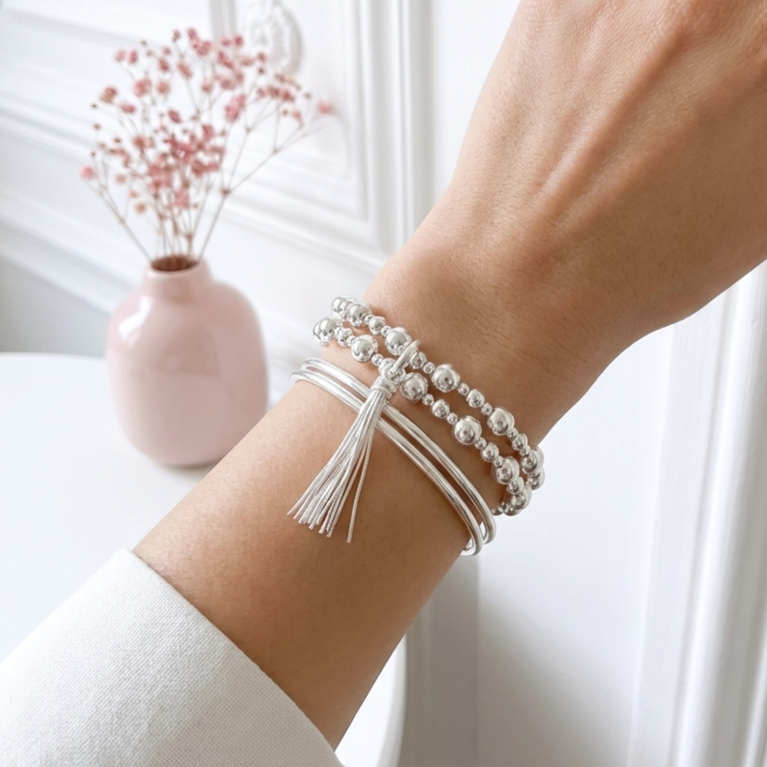 bracelet-perles-argent-massif-925-femme-double-tours-elastique-perles-pompon-l-insolente-bijoux -français