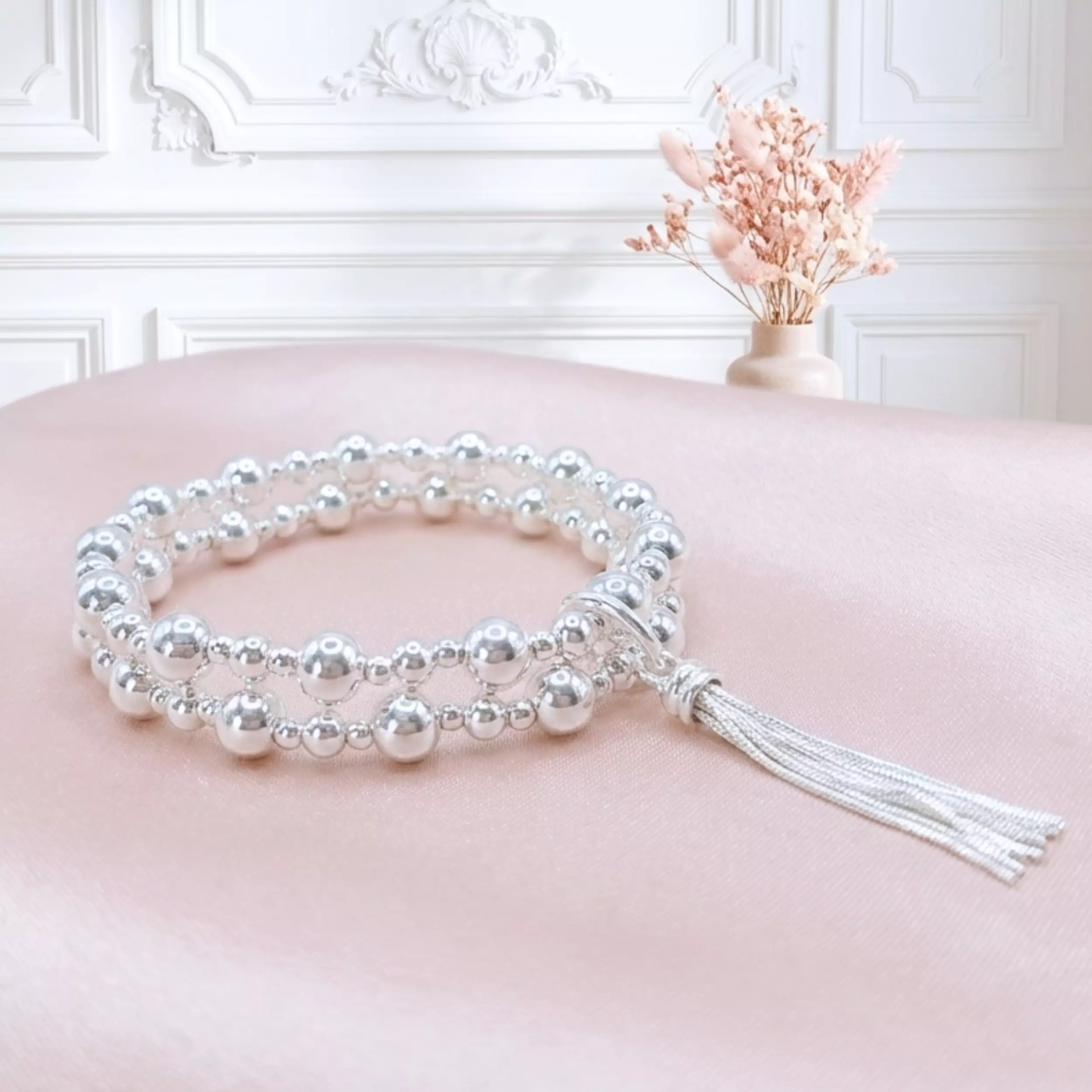 Bracelet élastique pompon NINA argent 925 massif — L'Insolente Bijoux
