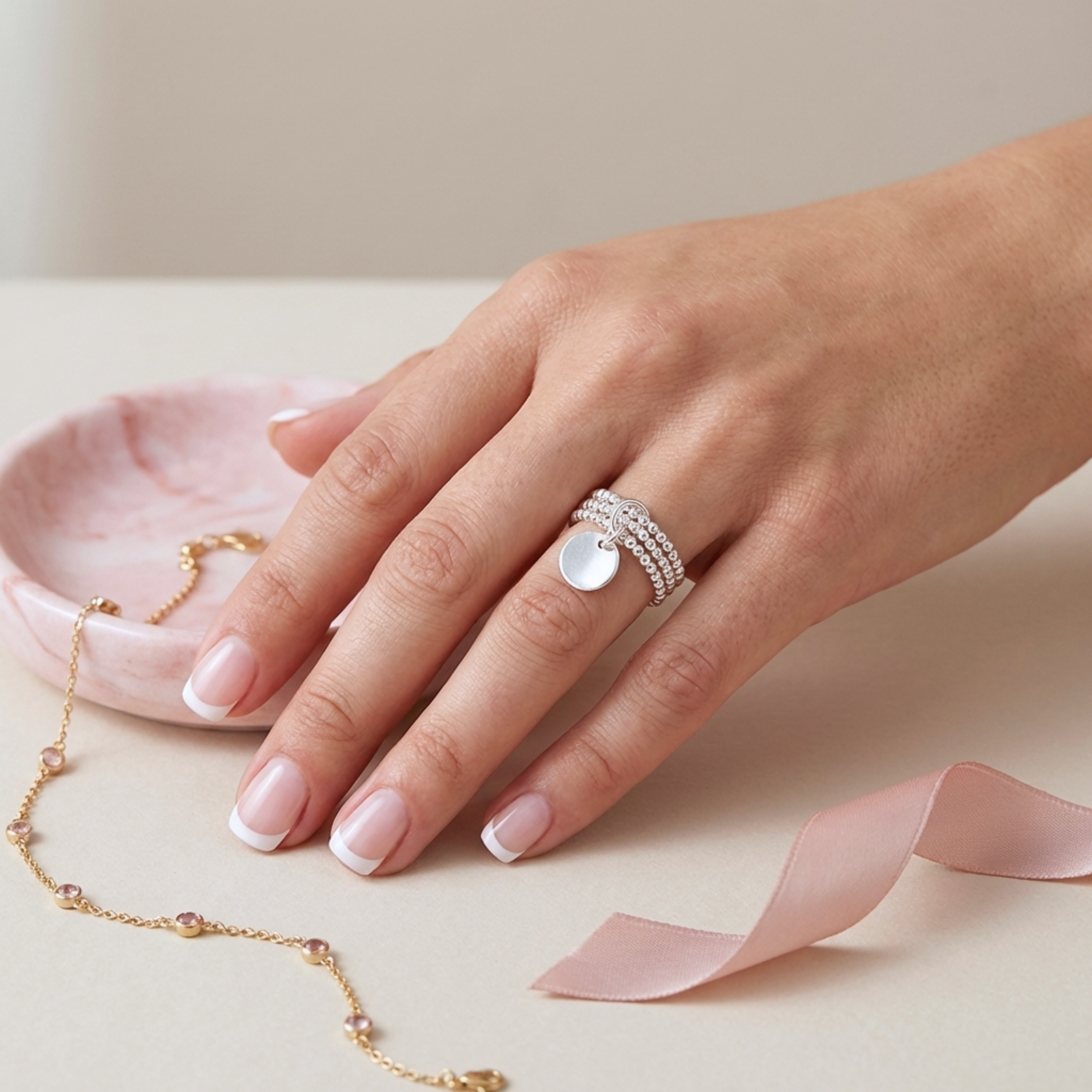 bague-argent-massif-925-perles-elastique-3-rangs-médaille-l-insolente-bijoux-français