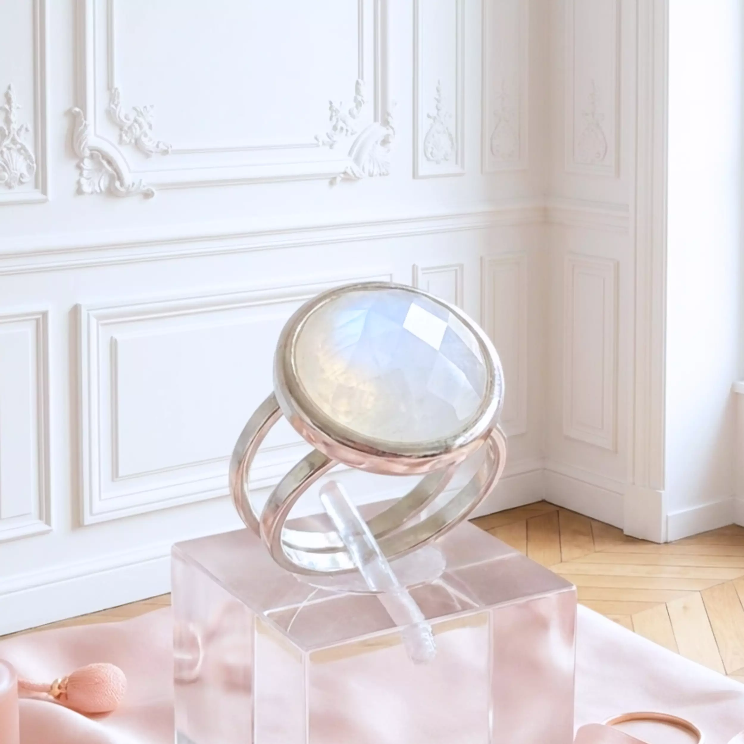 Bague réglable pierre de lune HERMINE argent 925 massif — L'Insolente Bijoux