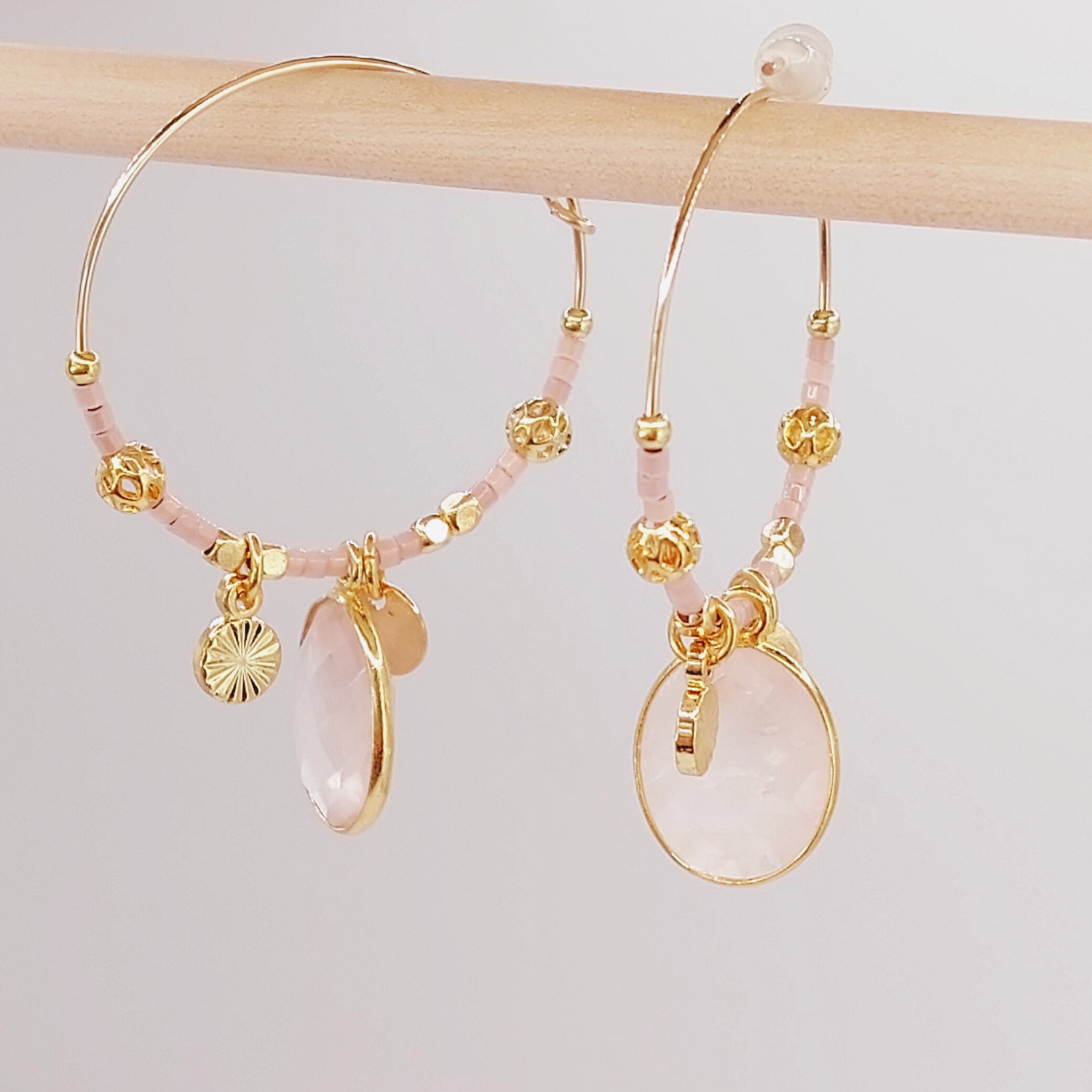 Créoles Gold Filled et quartz rose véritable ANNA