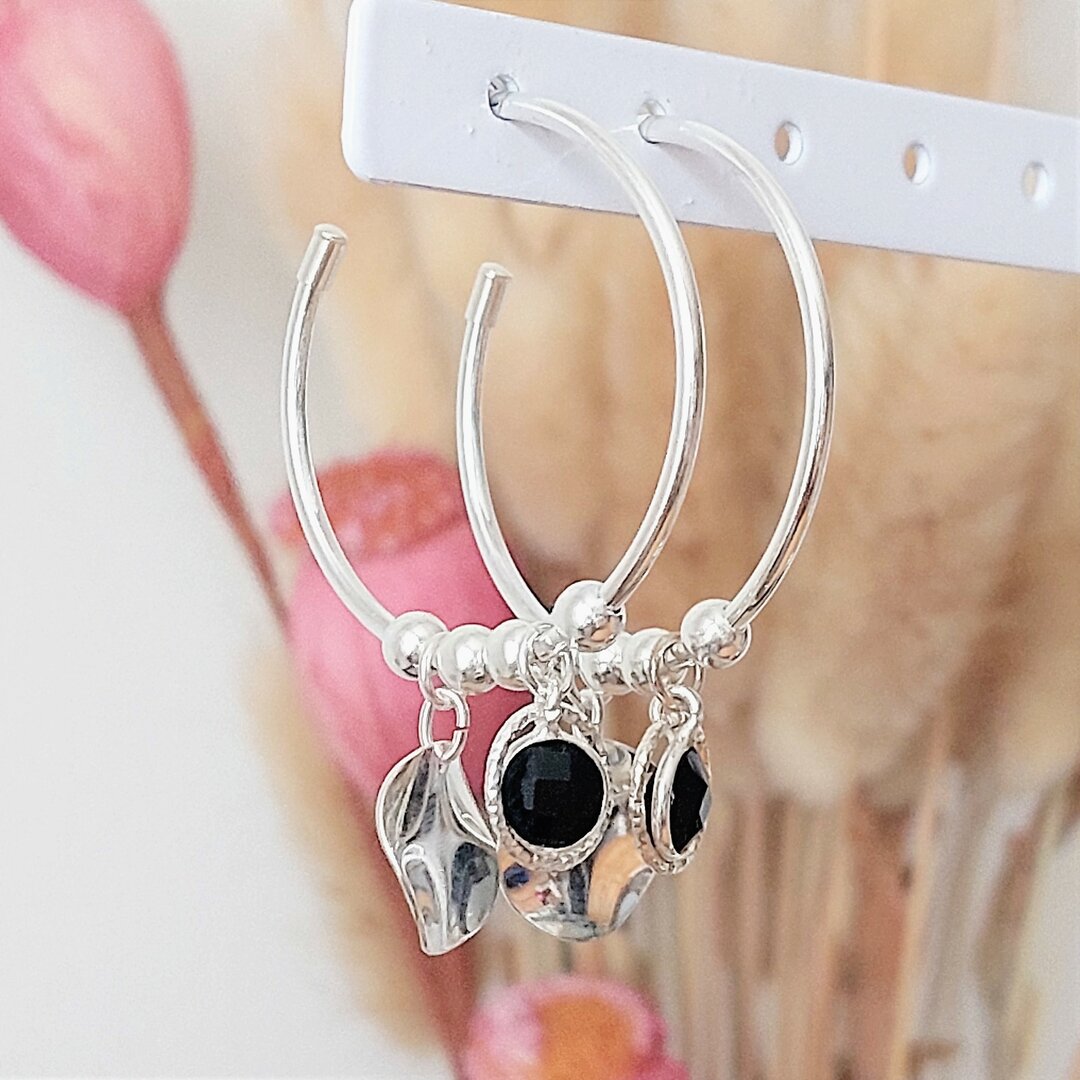 Boucles D'oreilles Créoles En Acier Inoxydable Argent Et Noir - Paire Unisexe - Style Moderne
