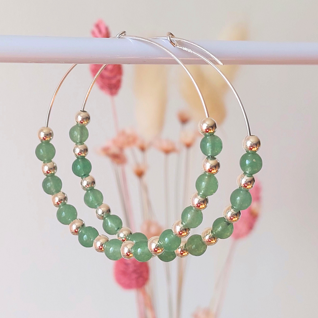 Boucles D'oreilles En Aventurine Verte Et Cornaline, Monture Argent 925 - Occasion