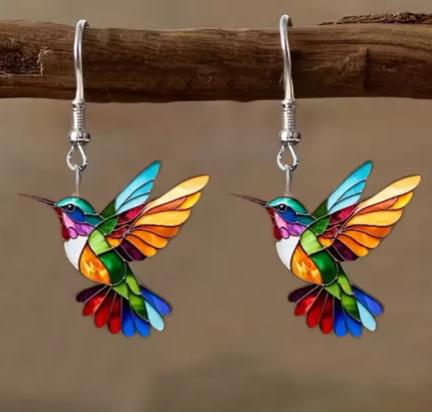 Boucles D'oreilles Pendantes Colibri En Acrylique - Couleurs Irisées, Crochets Argentés, Cadeau Pour Femme - 7