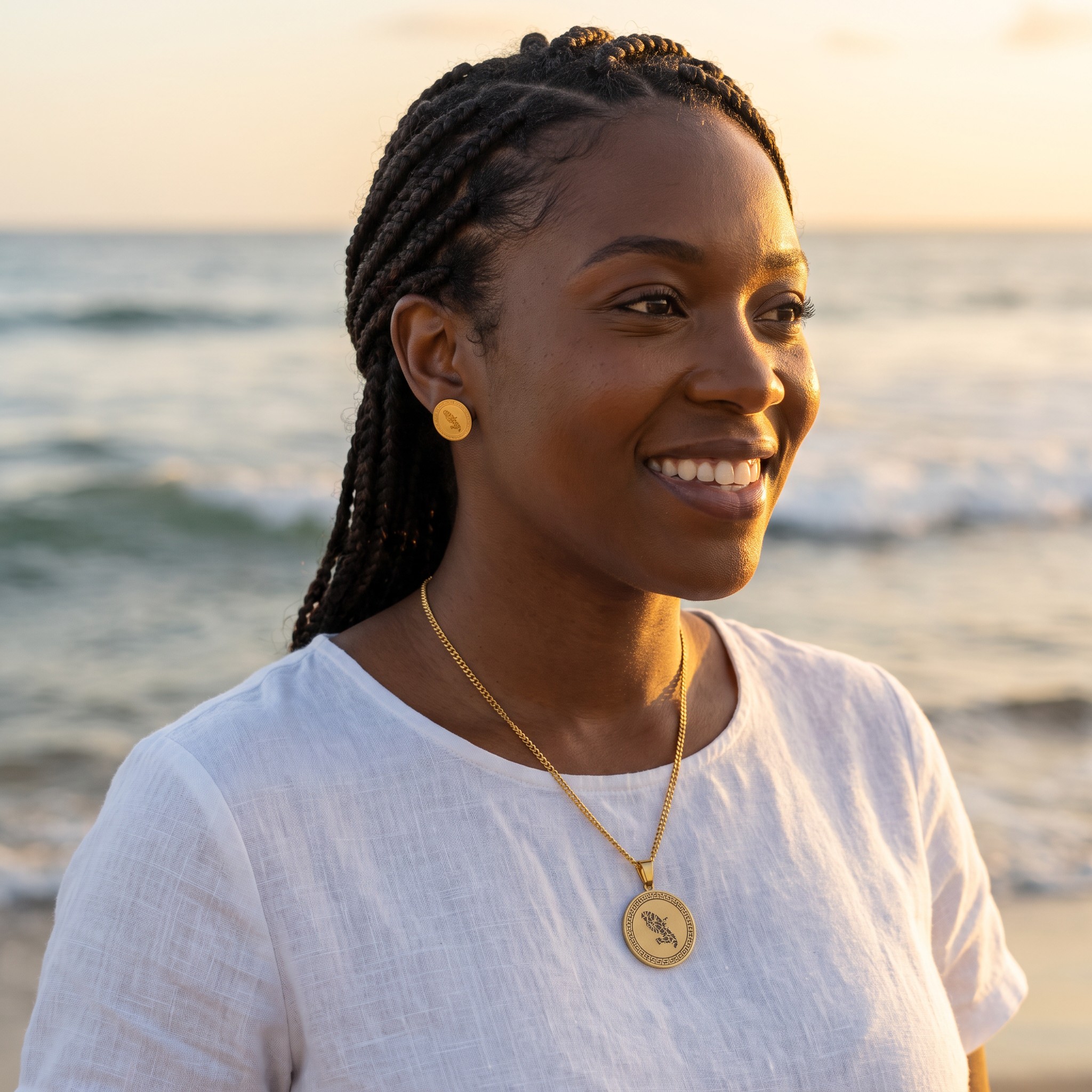 Femme portant le médaillon et les boucles ULTIMATE PALADIUM Martinique