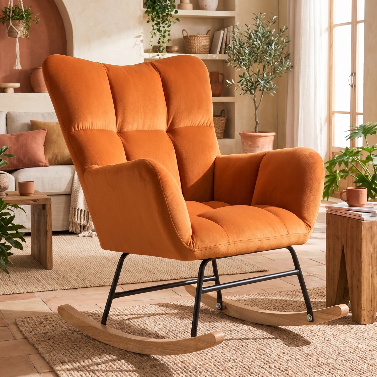 Rocking chair London Chic velours orange dans un salon lumineux