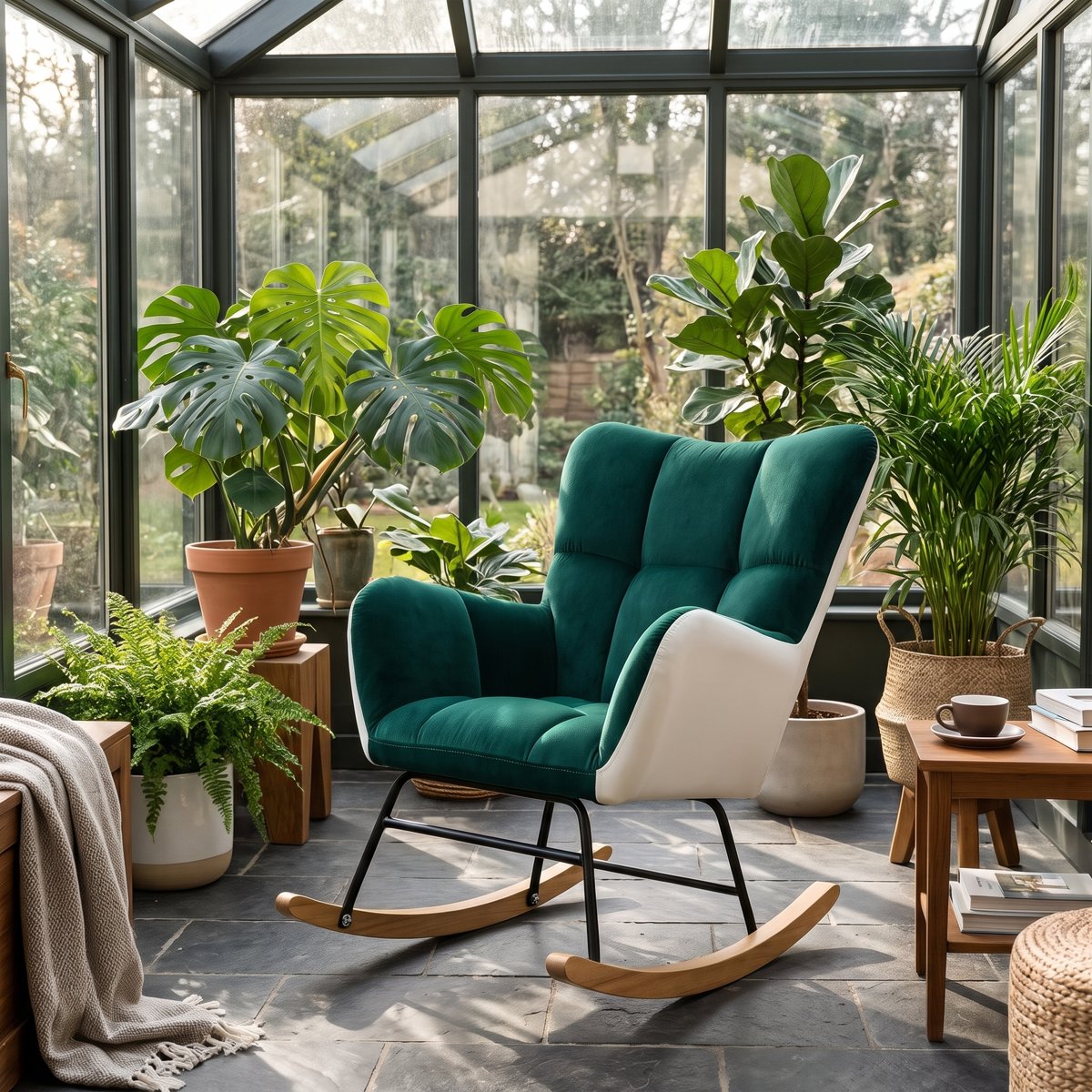 Rocking chair London Chic velours vert sapin dans un salon lumineux