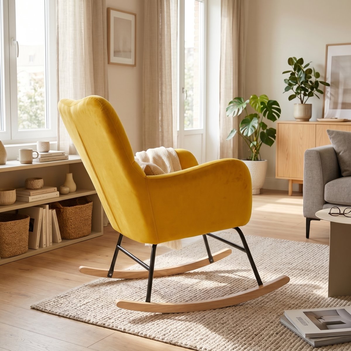 Rocking chair London Chic velours jaune soleil, vue de profil