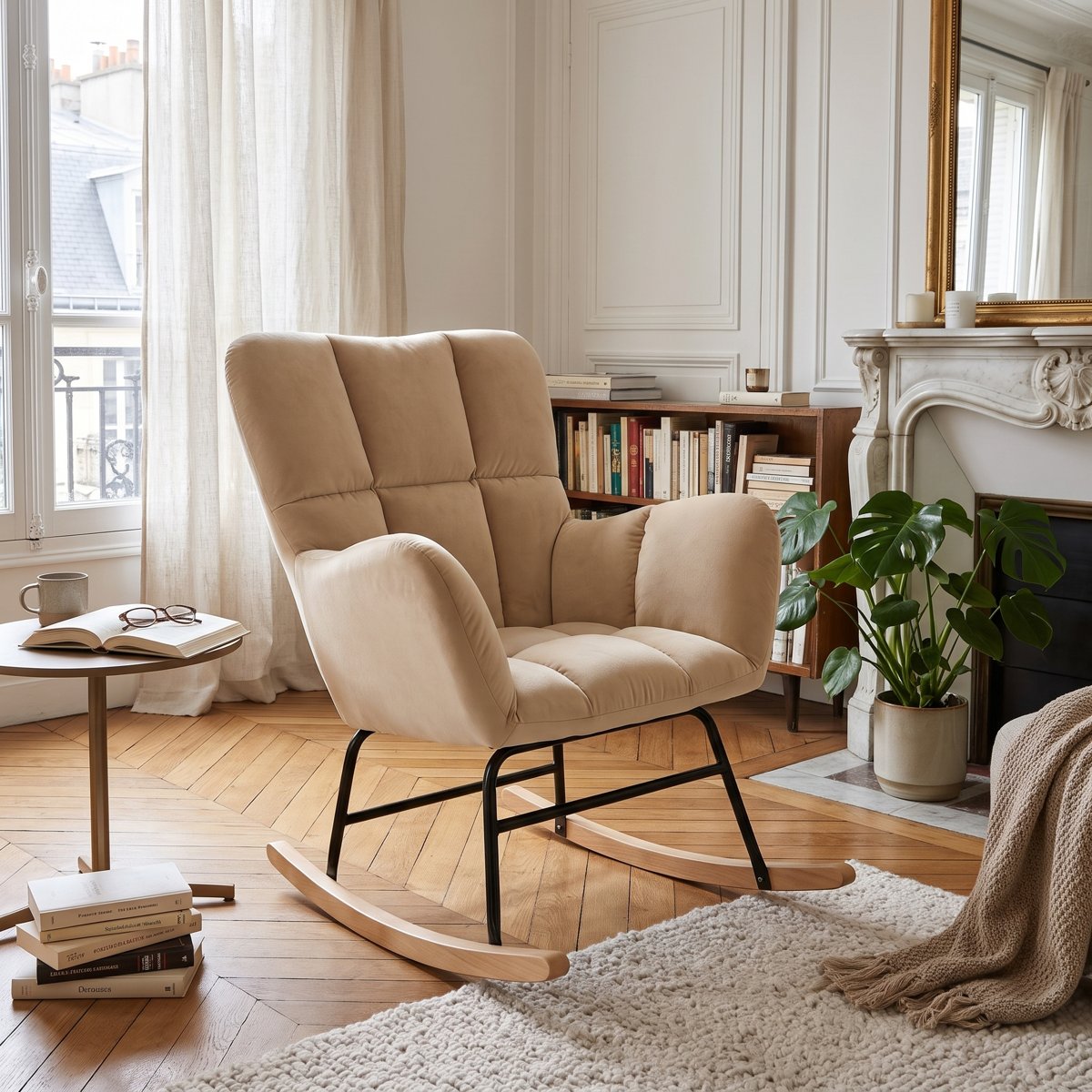 Rocking chair London Chic velours creme dans un salon lumineux