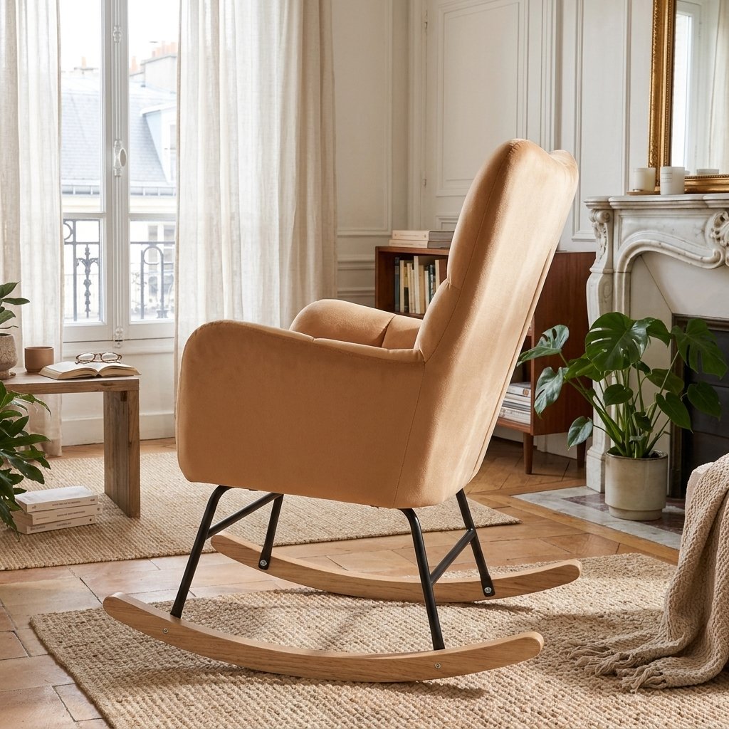 Rocking chair London Chic velours creme, vue de profil