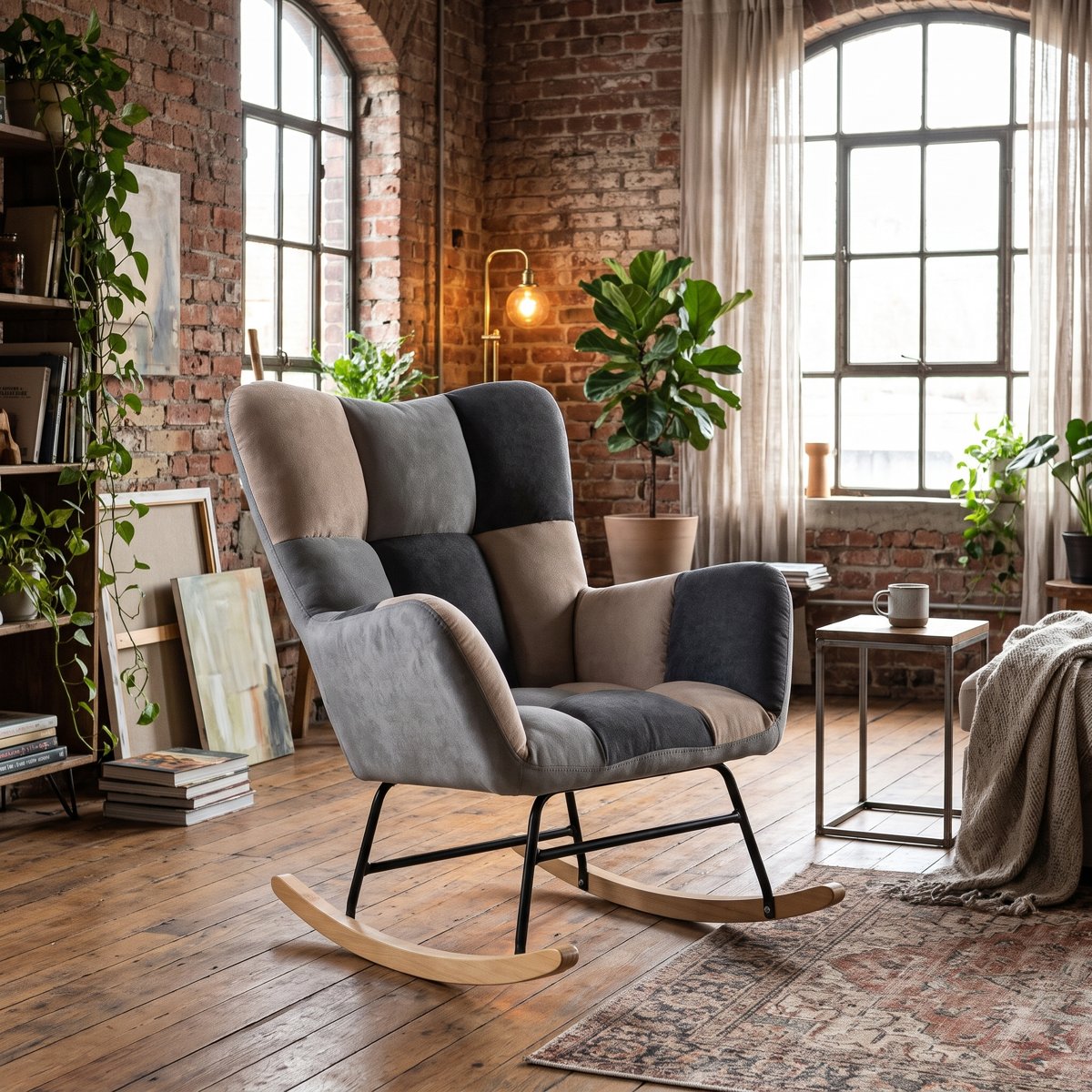 Rocking chair London Chic velours tissu gris clair Australia dans un salon lumineux