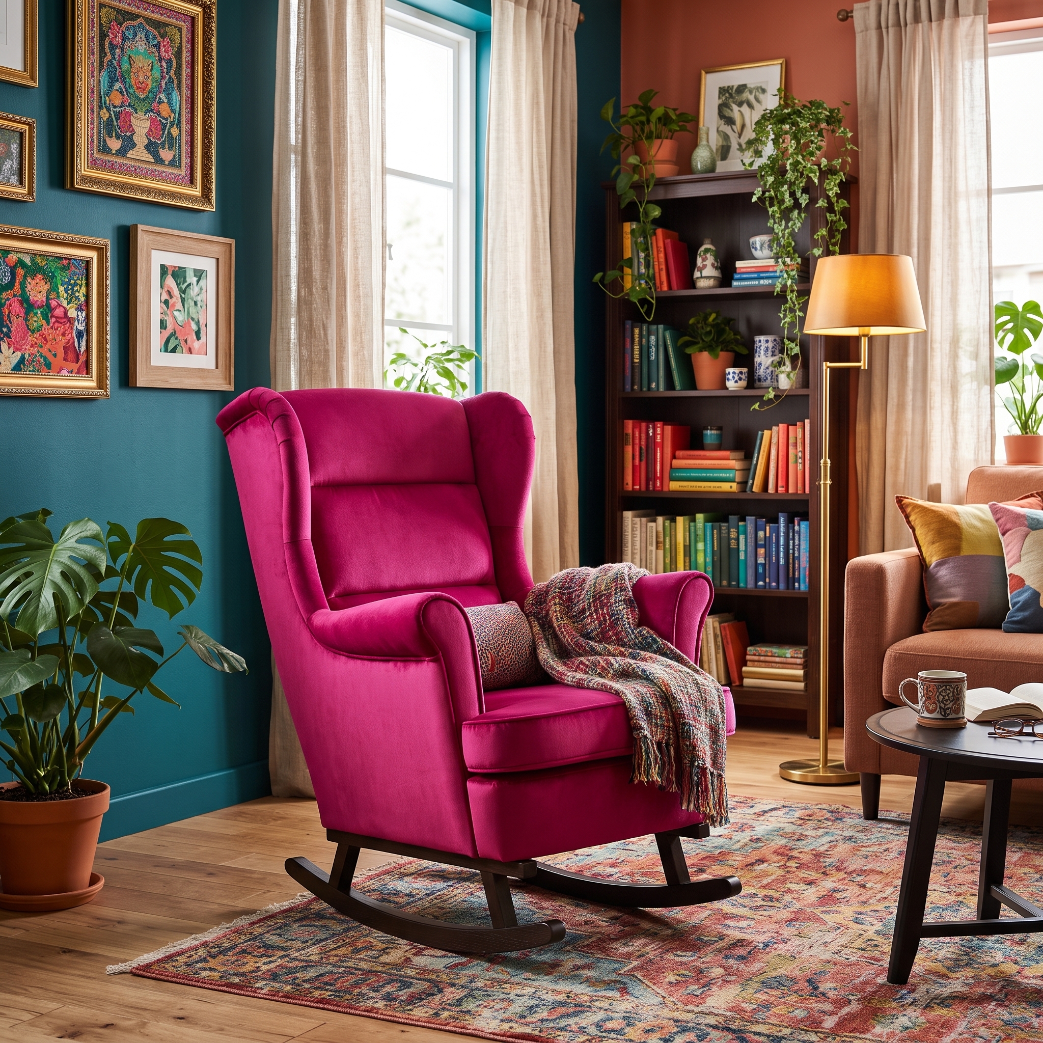 Rocking Chair Contemporain Bourbon Velours coloris Bordeaux