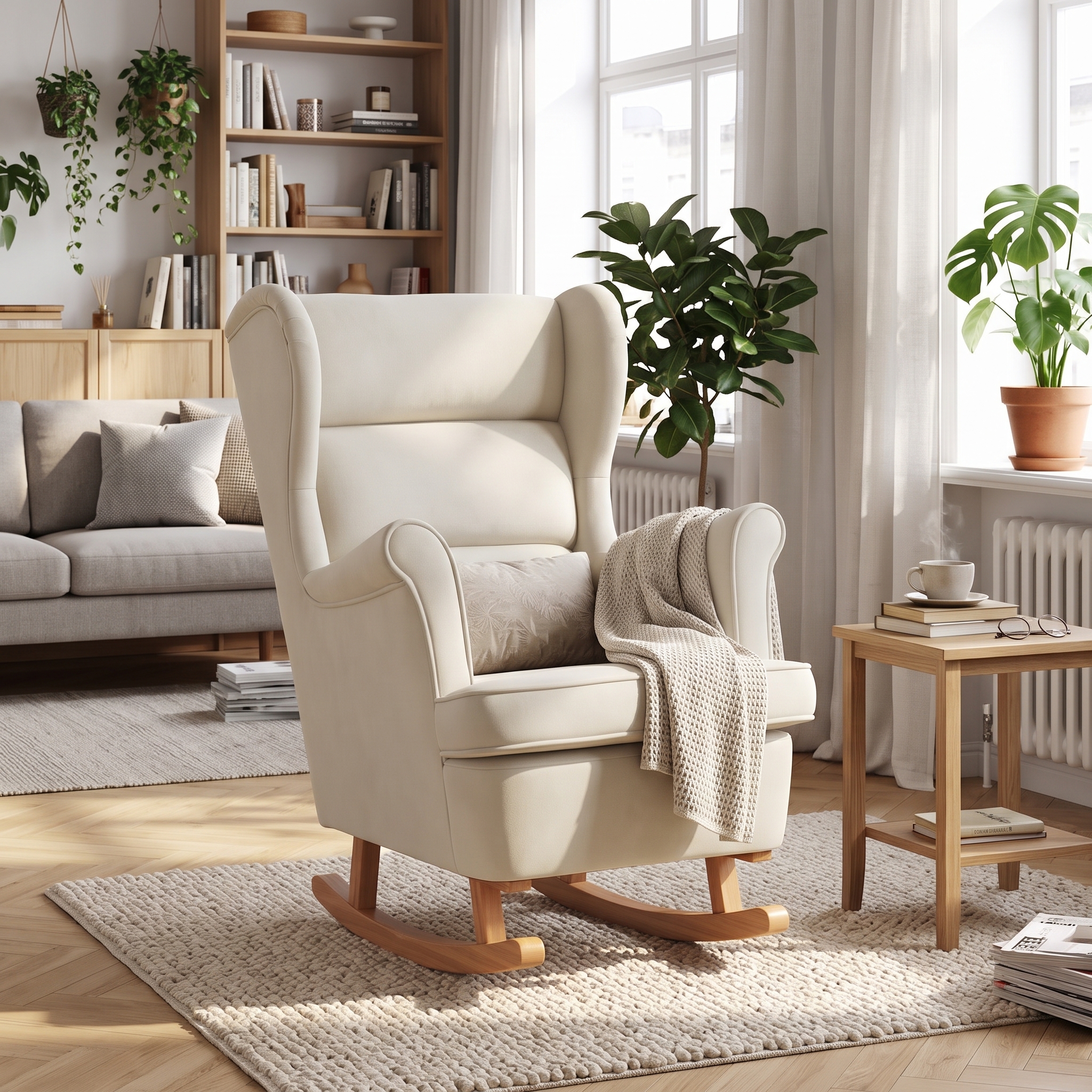 Rocking Chair Contemporain Bourbon Velours coloris Crème