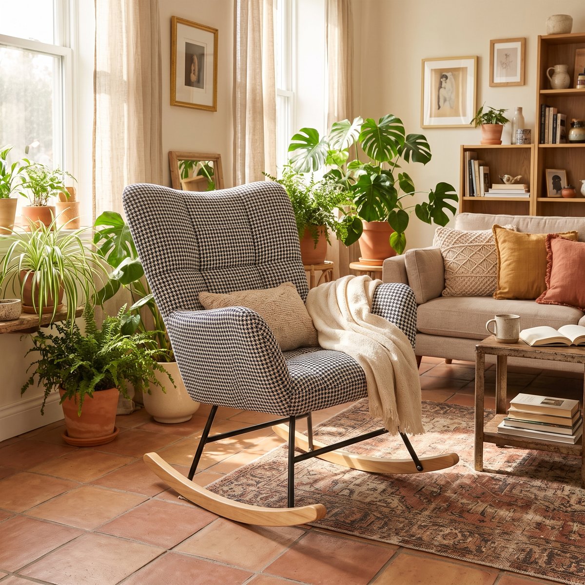 Rocking chair London Chic velours zebre dans un salon lumineux