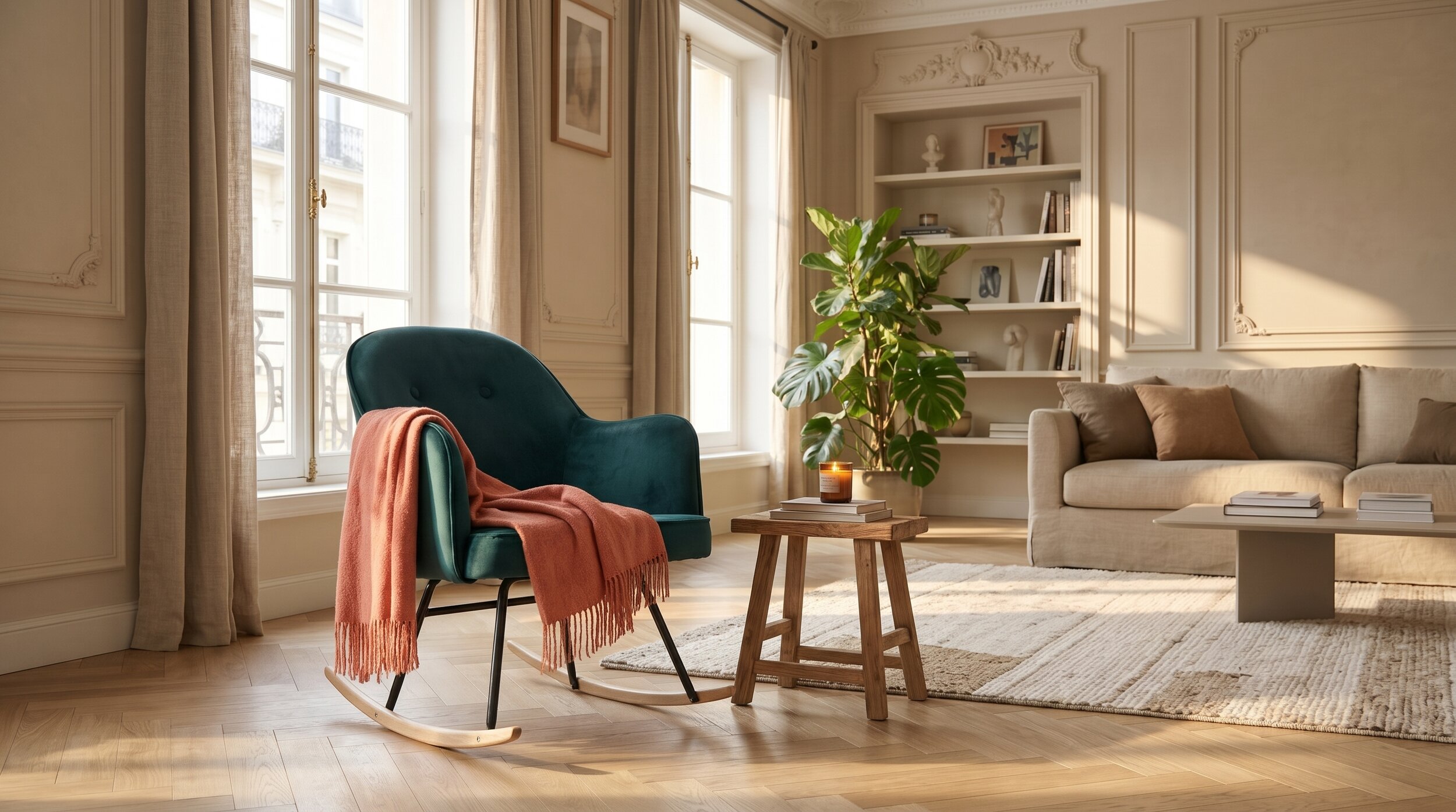 Rocking chair Venise velours vert anglais dans un salon lumineux