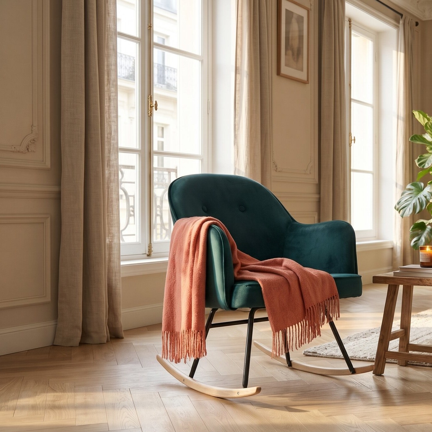 Rocking chair Venise velours vert anglais dans un salon lumineux