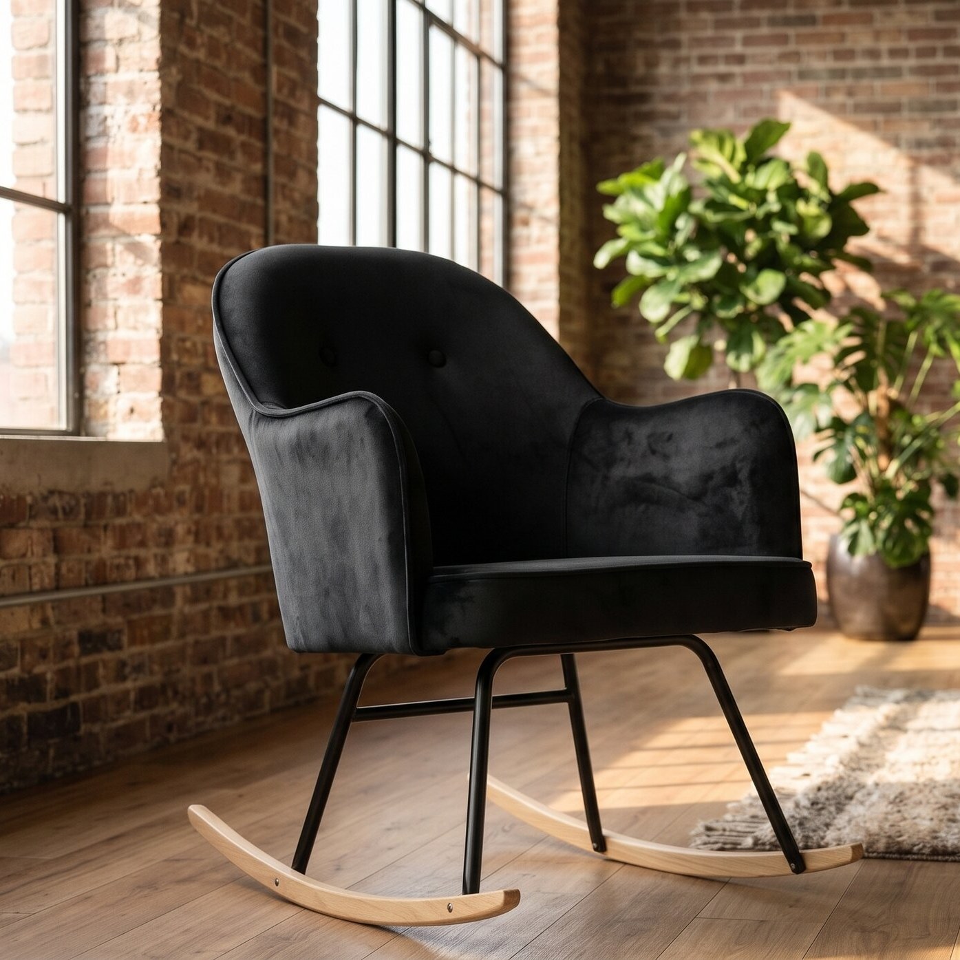 Rocking chair Venise velours noir dans un salon lumineux
