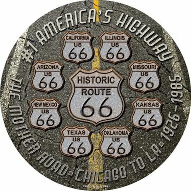 Plaque métallique Circulaire D30 cm Chicago To Los Angeles ROUTE 66