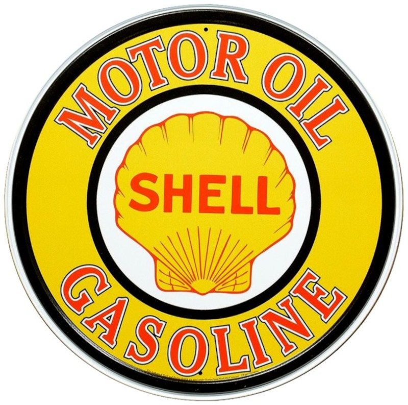 Plaque métallique Circulaire D30 cm Reproduction Enseigne Station Essence SHELL Oil et Gasoline