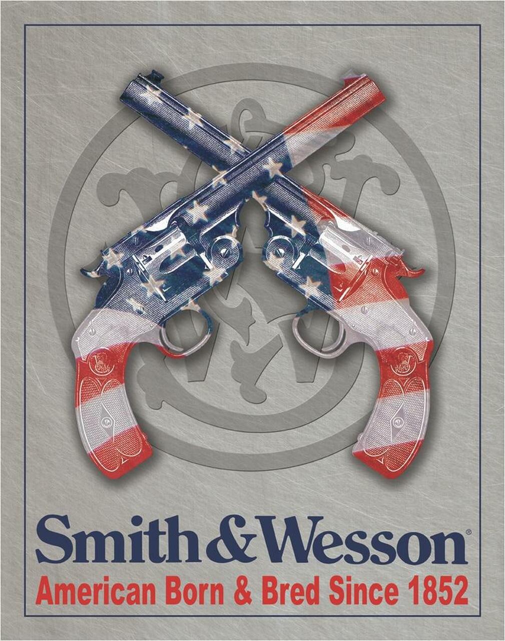 Plaque métallique format 41 x 32 cm Reproduction American Born and Bred Smith & Wesson Since 1852