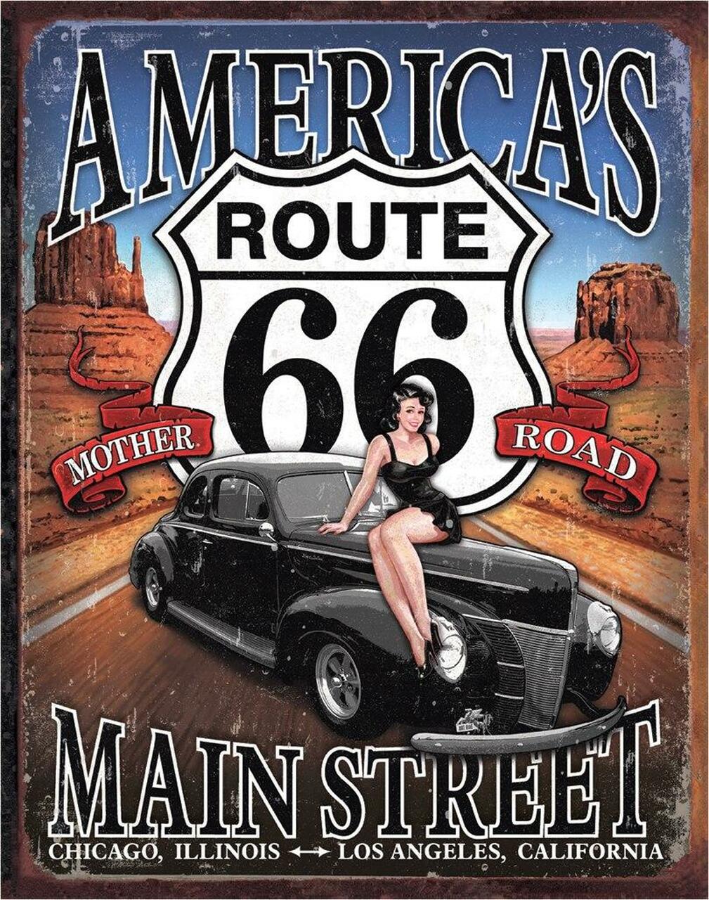 Plaque métallique format 41 x 32 cm Reproduction vintage aspect vielli Pin Up America\'s Highway Route 66