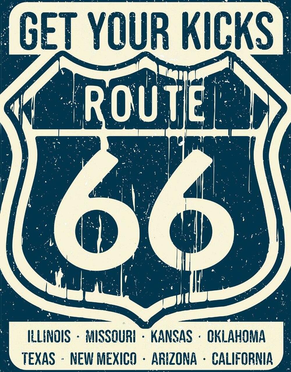 Plaque métallique format 41 x 32 cm Reproduction vintage aspect vielli States Get Your Kicks Route 66