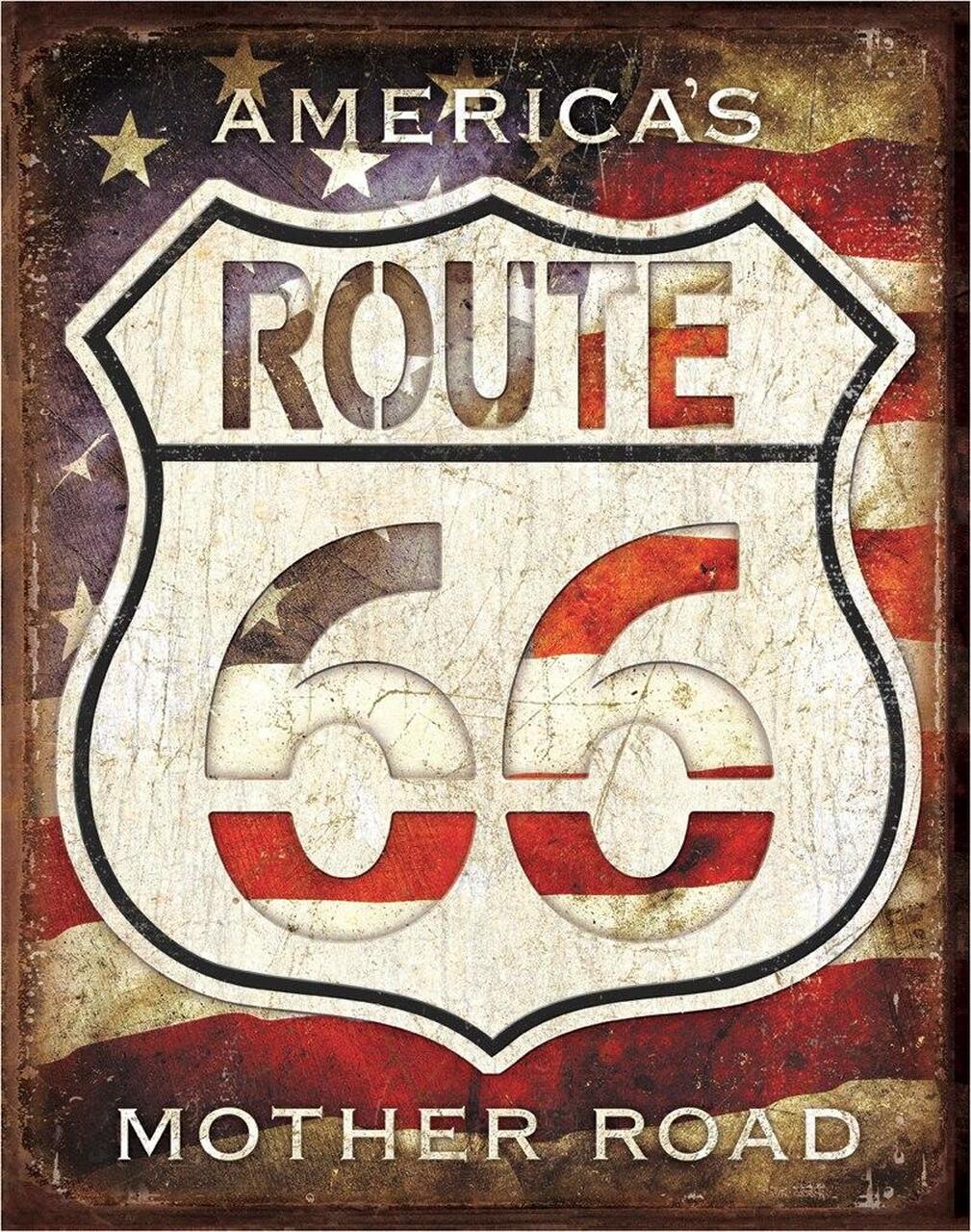 Plaque métallique format 41 x 32 cm Reproduction vintage aspect vielli Flag America\'s Mother Road Route 66