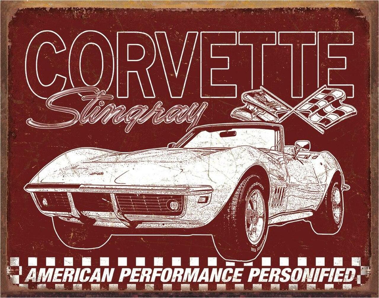 Plaque métallique format 41 x 32 cm Reproduction vintage aspect vieilli Chevrolet Stingray CORVETTE
