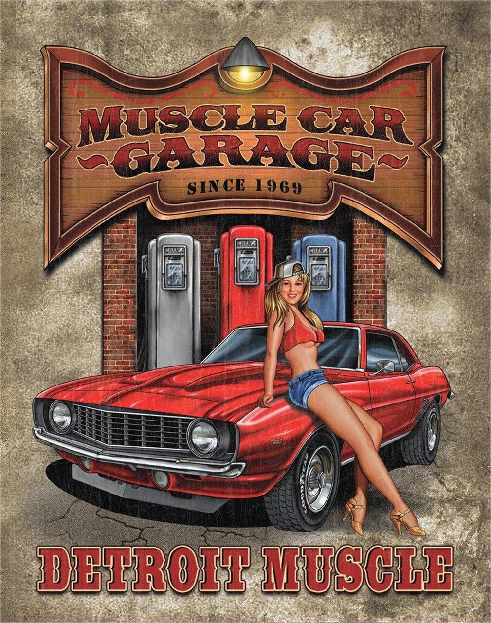 Plaque métallique format 41 x 32 cm Reproduction vintage vieilli Detroit Garage Pin-Up Muscle Car Garage