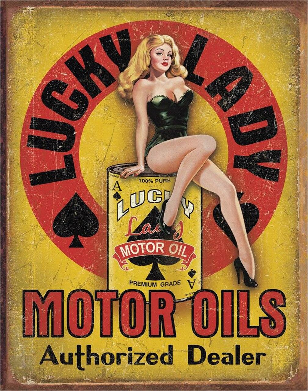Plaque métallique format 41 x 32 cm Reproduction vintage aspect vieilli Pin-Up Motor Oils Lucky Lady