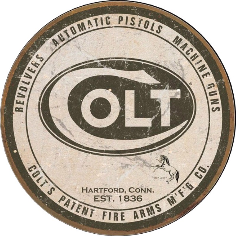 Plaque métallique Circulaire D30 cm Reproduction vintage aspect vieilli gun LOGO COLT Since 1836