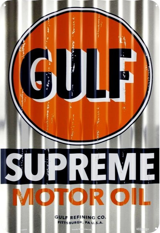Plaque métallique ondulée 45 x 30 cm Supreme Motor Oil Pittsburgh,PA USA GULF The Original Orange Gasoline