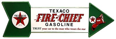 Plaque métallique format Flèche 69x21cm FireChief Motor Oil and Gasoline TEXACO The Texas Company